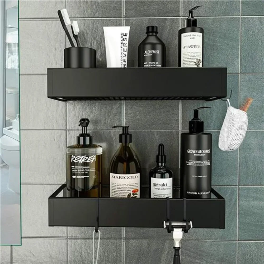 Shower Caddy, Self Adhesive Shower Shelves With Hooks - 2 Pack Black